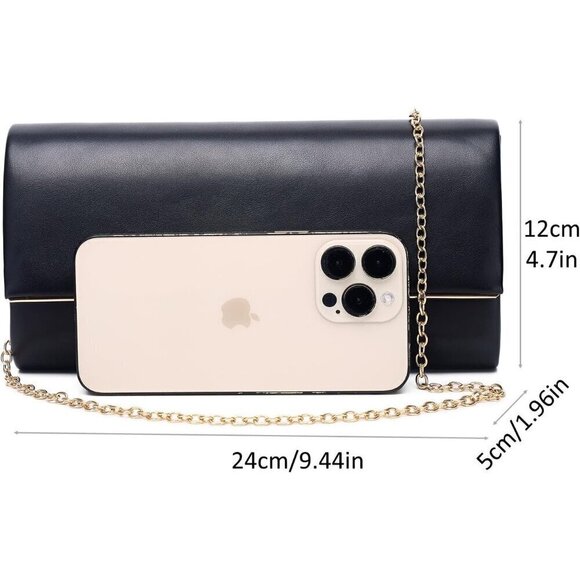 Women Black Vegan Leather Chain Crossbody Clutch Envelope Evening Bag for Party - Picture 4 of 9